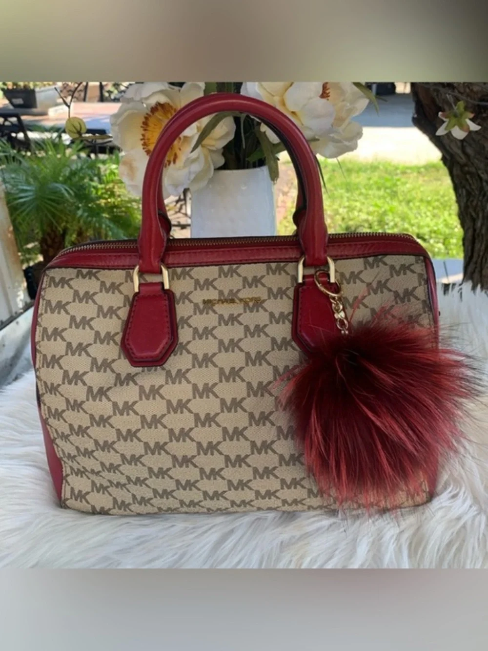 Michael Kors Mercer Medium Duffle Satchel  Cherry Red/Tan Leather